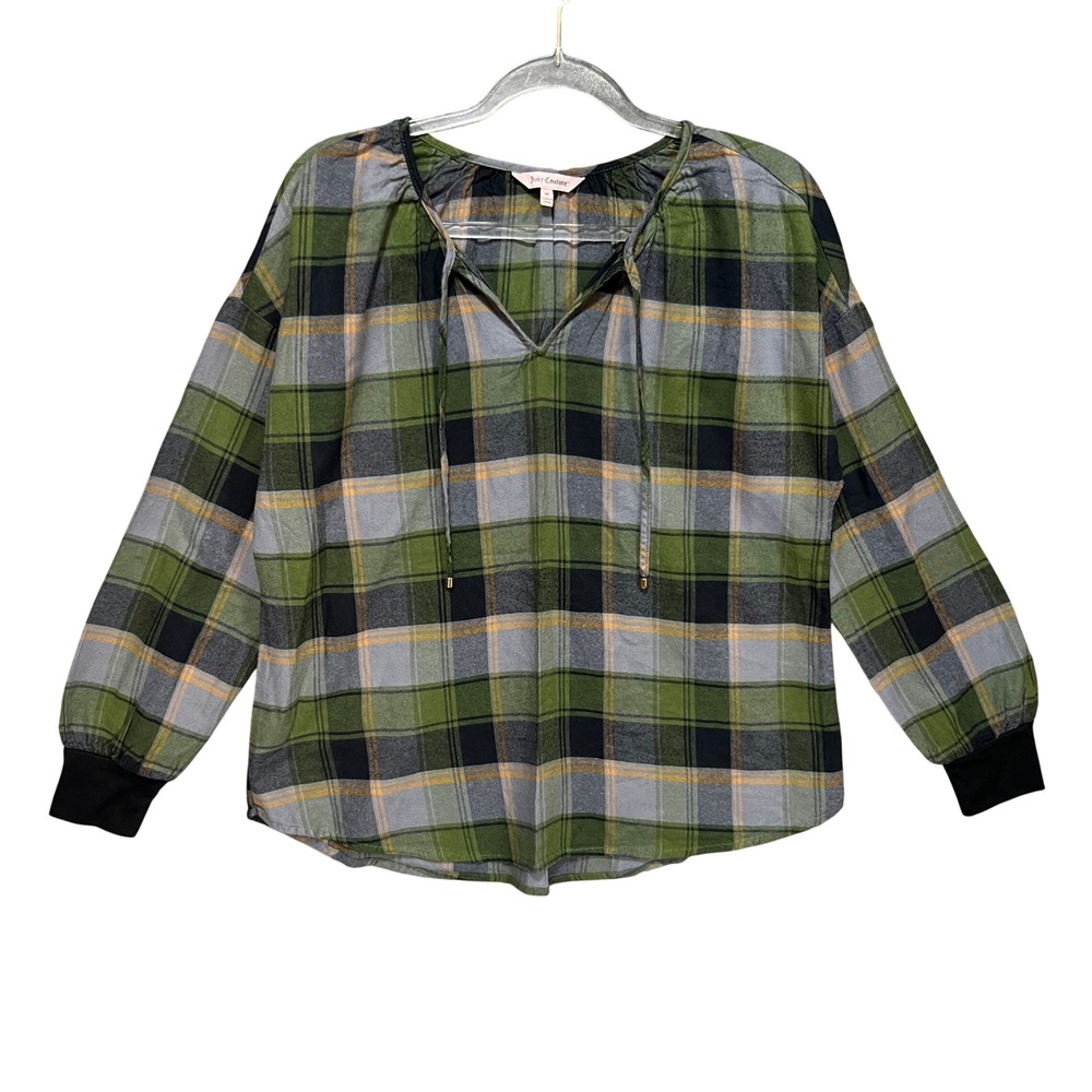 Juicy Couture Green Plaid V-Neck Tie Blouse Ribbed Cuffs Medium Boho Fall Casual